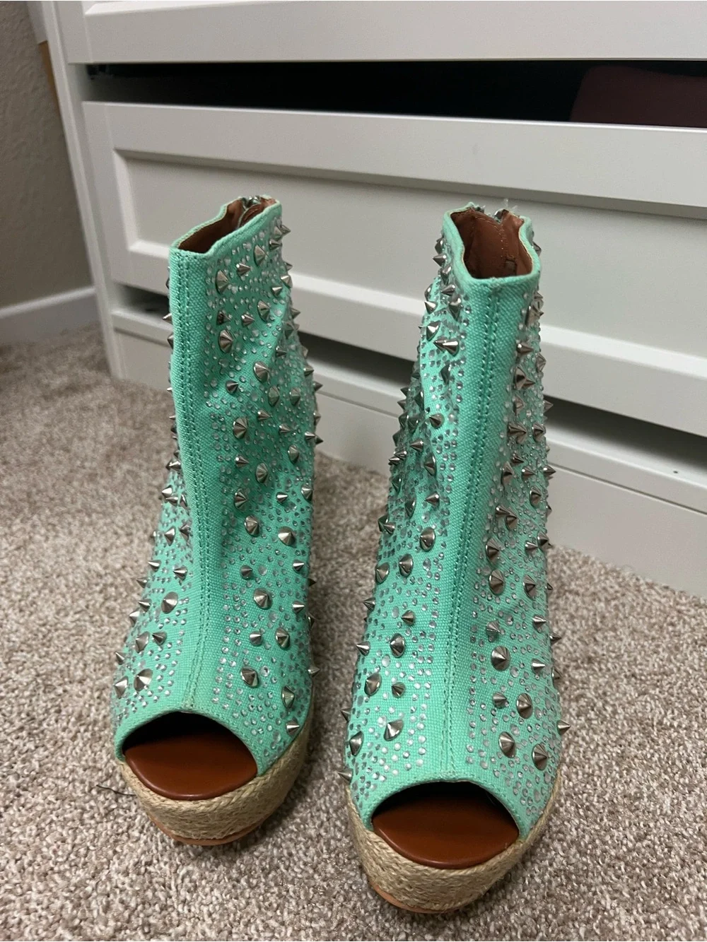 Studded Mint Green Wedge Peep-Toe Booties